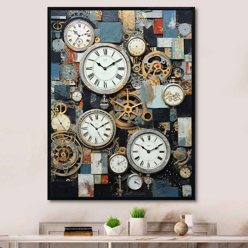 Collage horloger sur toile, H 44 po x l 34 po x P 1,5 po, Cadre flottant noir