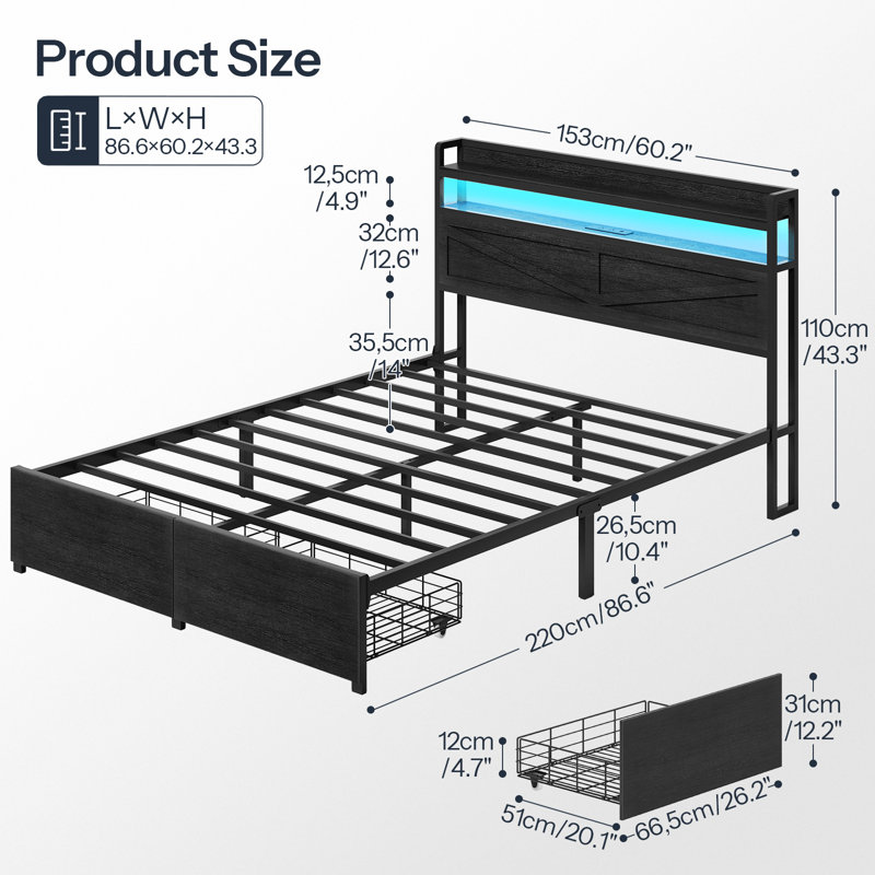 Bejo Metal Storage Bed Frame with LED Light and Charging Station, Queen