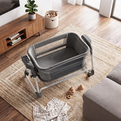 Berceau pour bébé, berceau électrique à bascule, 5 vitesses et télécommande, conception minimaliste moderne avec 4 hauteurs, musique Bluetooth intelligente et minuterie 15/30/45 pour les repas de nuit au chevet, la sieste ou le jeu, gris
