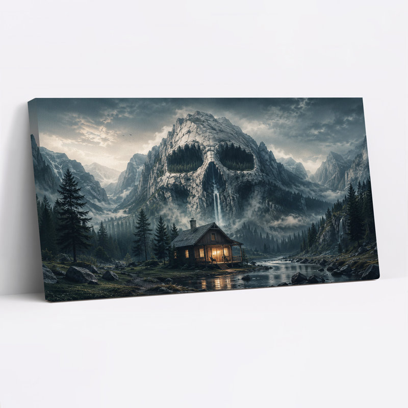 Toile murale surréaliste représentant une montagne de crânes avec cascade et éclairage d'Halloween, L 40 po x H 20 po