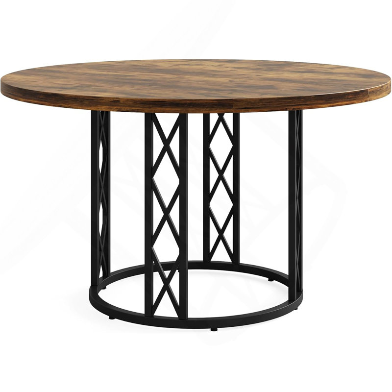 Table de salle à manger moderne de 47 pouces pour 4 à 6 personnes, table de cuisine industrielle rustique avec plateau en grain de bois et grande table ronde en métal pour la salle à manger, petits espaces - table brune et noire seulement