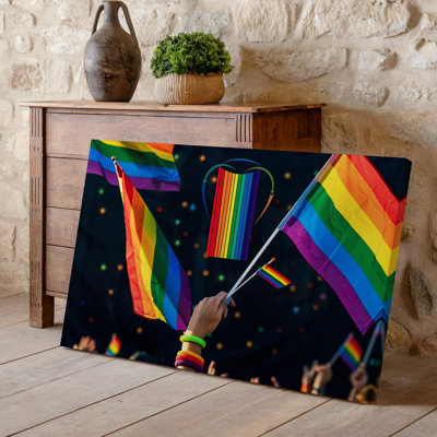 Canvas A Vibrant Celebratory Scene Filled With Colorful Rainbow Flags Waving Wall Art In The Air Set Against A Deep Black Background Canvas Wall Art