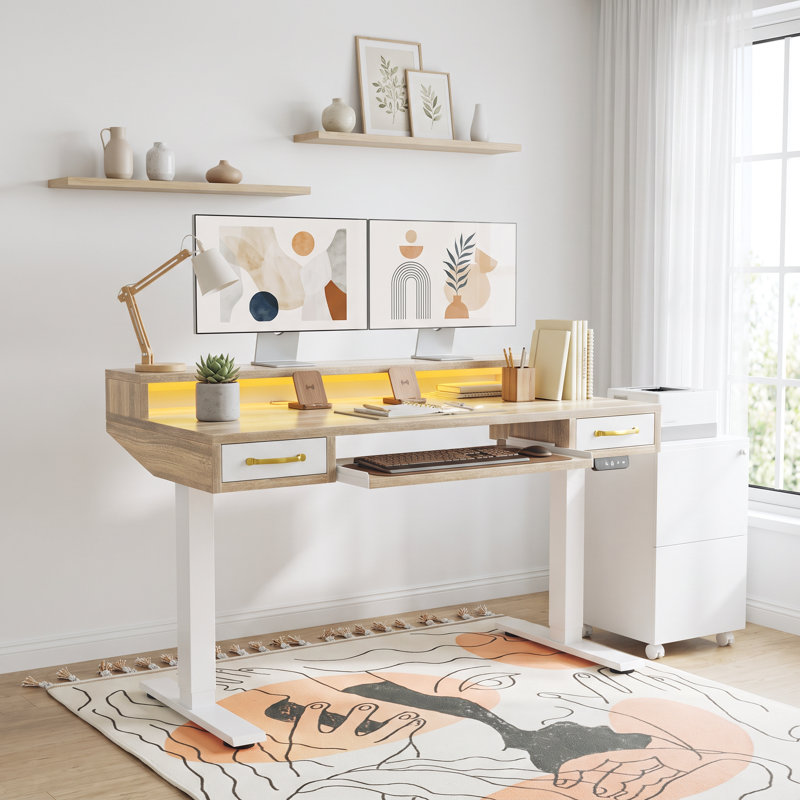 Bureau debout électrique à hauteur ajustable avec tiroirs, plateau à clavier et tablette pour écran, 55*28 inch, Light Walnut