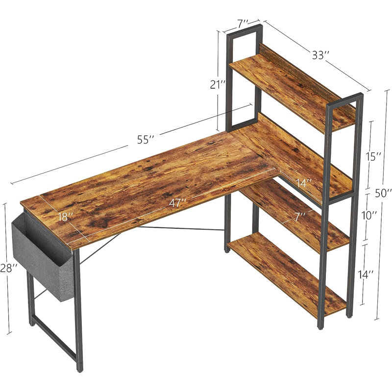 Orrum L-Shaped Metal Base Computer Desk, Brown/Black, 29.5" H x 55" W x 18.9" D