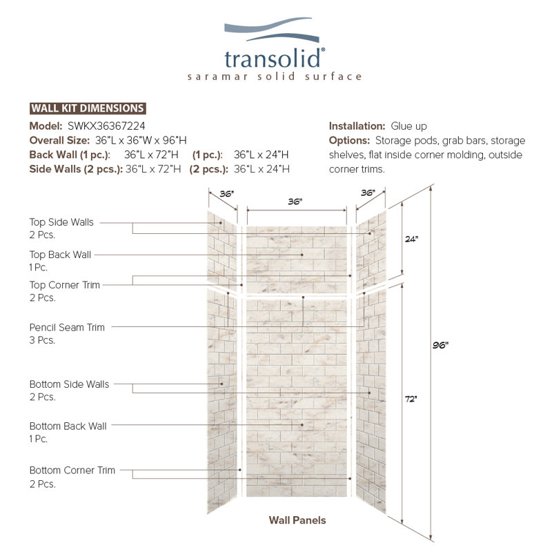 SaraMar 36 W 36 D 96 H Glue Up Solid Surface Wall