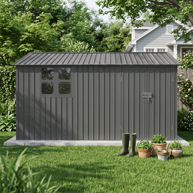 Remise de 120 po x 144 po en métal gris avec fenêtres et tablettes de rangement - une remise à outils de jardin résistante aux intempéries, parfaite pour un patio.