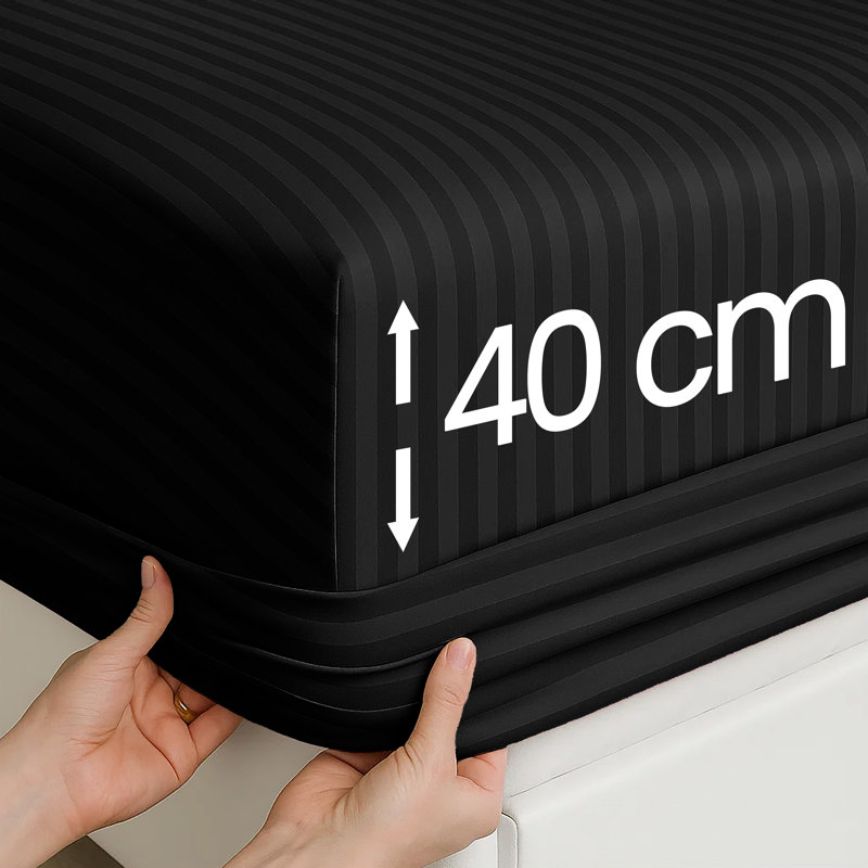 Luxury Striped Microfiber Fitted Sheet - 40 cm Deep Pocket, Ultra-Soft, Wrinkle-Resistant & Easy Car, Black, Single (3')