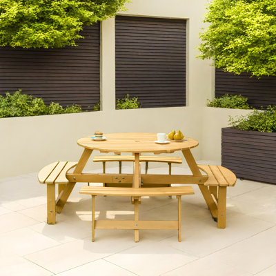 8-Person Round Picnic Table – 4 Built-in Benches & Umbrella Hole (Natural Wood, All-Weather)