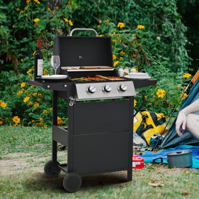 Propane Gas Grill 3 Burner Barbecue Grill, 26,000 BTU Patio Garden Barbecue Grill with Two Shelves, Lid, Wheels and Bottle Opener