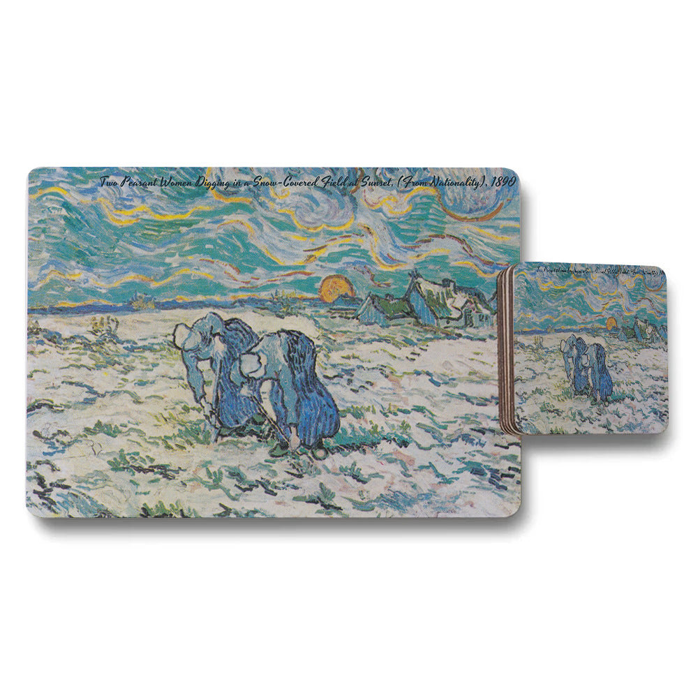 Two Peasant Women Digging In Snow Covered Field Sunset Placemats Coaster Set