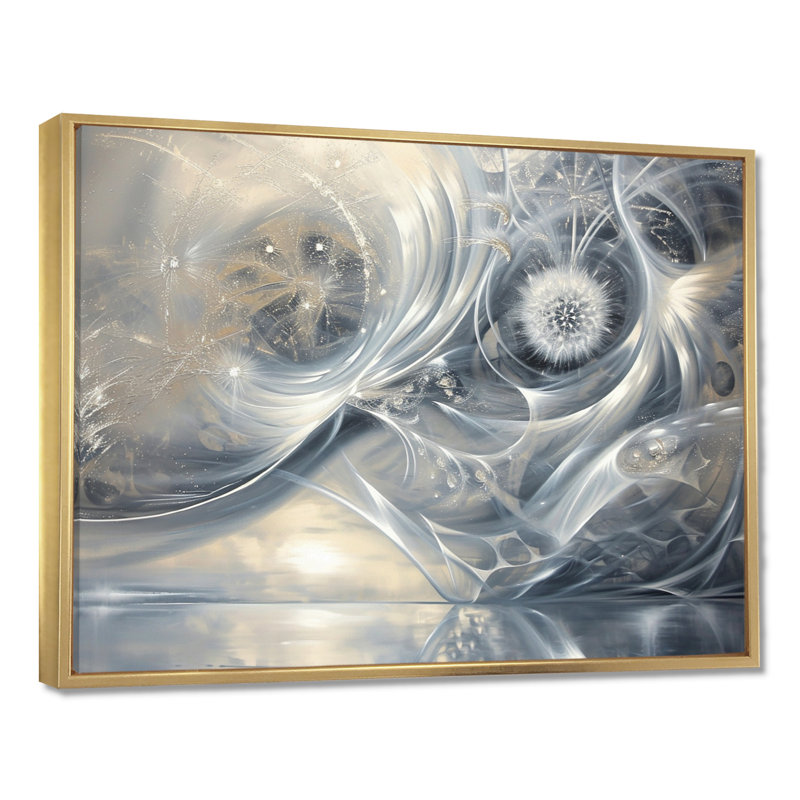 Silvers Swirling Dandelion Universe - paysage abstrait, art mural, Cadre flottant doré, H 12 po x l 20 po