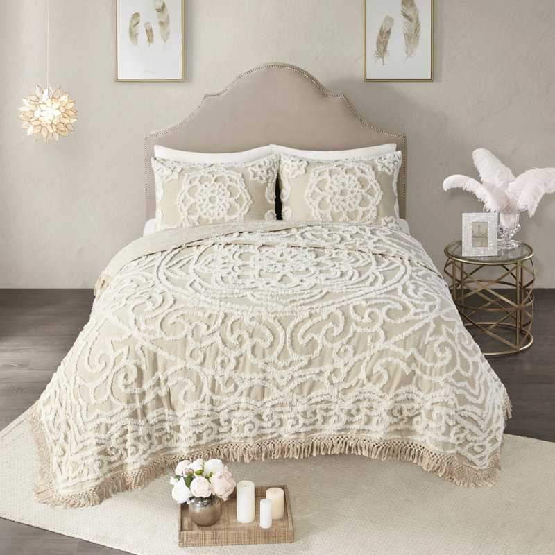 Couvre-lit toutes saisons en coton taupe à médaillon à franges très grand / très grand, Taupe