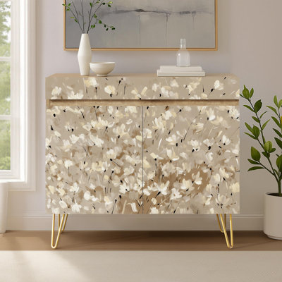Sideboard Cabinet, Kitchen Storage Cabinet with 2 Doors, Beige Floral Pattern Cupboard Console Table for Dining Room - 35" L x 16" W x 32" H