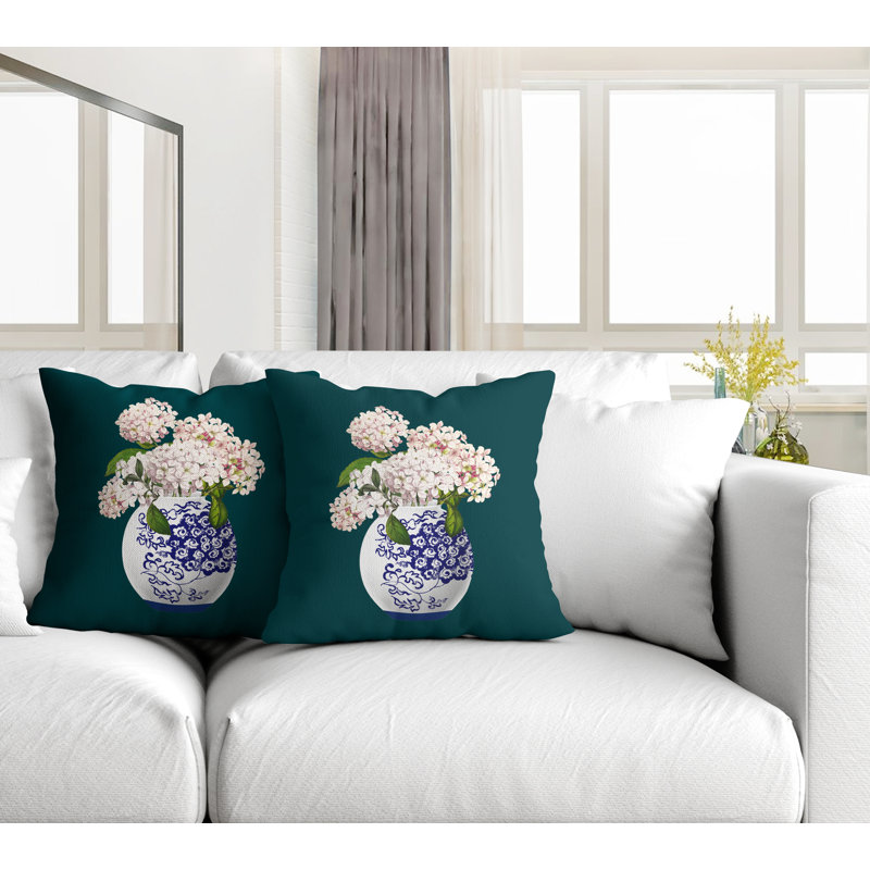  Coussin décoratif intérieur / extérieur floral, L 17 po x H 17 po, Émeraude