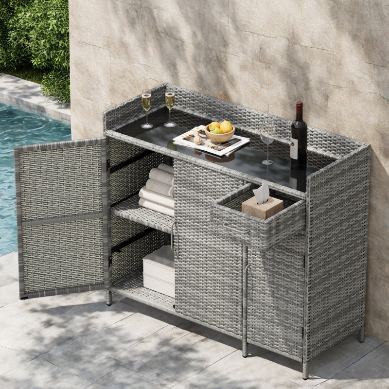 Outdoor Rattan Storage Cabinet, 2-Door Wicker Sideboard, Storage Organizer For Poolside, Gray