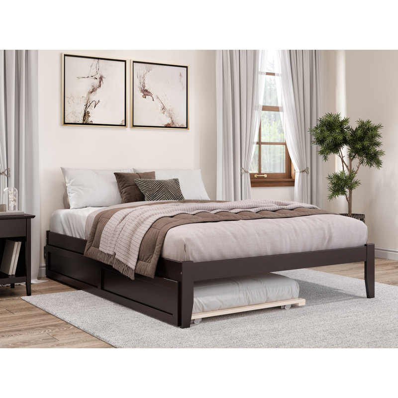 Lit plateforme robuste en bois massif avec lit gigogne Aayanna, Gris, Grand