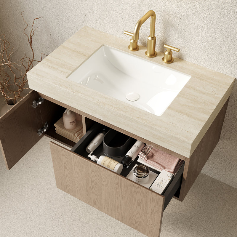 Meuble-lavabo de salle de bain avec comptoir en pierre frittée et vasque en céramique, armoire flottante en contreplaqué, pré-assemblé