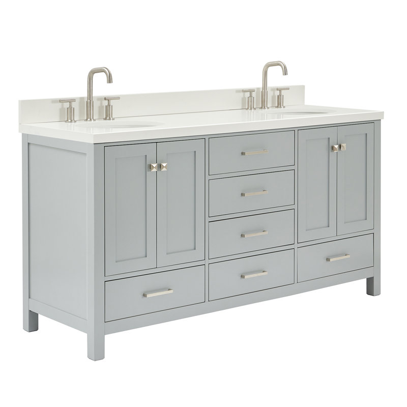 Cambridge 67'' Double Bathroom Vanity with White Quartz Top, Gray / Brushed Nickel