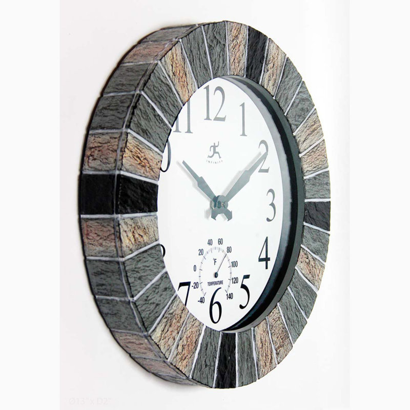 13" Faux Slate Frame Indoor/Outdoor Wall Clock with Thermometer