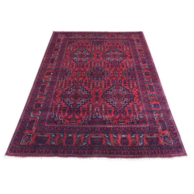 4'10"x6'7" Red Hand Knotted Tribal Design Soft Wool Afghan Khamyab Rug BBA88000357A4BABACE609F47B8167D7
