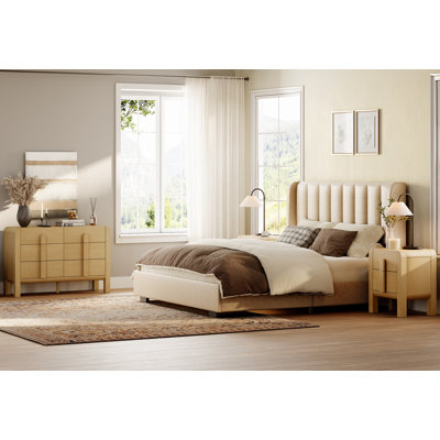 Mid-Century Modern 6 Drawer Dresser And Nightstand Set For Bedroom, 2 Pcs Bedroom Set,Double Dresser With Curved Profile Design, Wood Chest Of Drawers