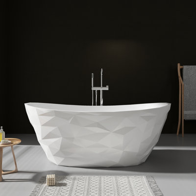 Baignoire autoportante à surface solide de 64 po avec côtés géométriques sculptés en blanc mat