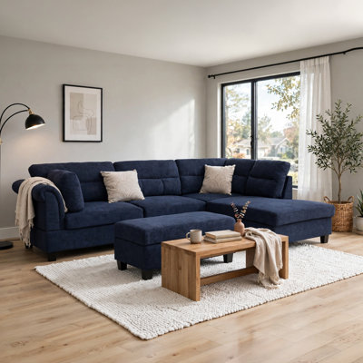 Ari 100 Inch Sectional Sofa Set W Storage Ottoman, Black Tufted, 2 Pillows