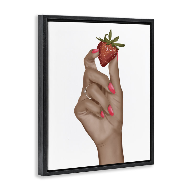 «Tenant la juteuse fraise» par Saba Rauf, Cadre flottant noir de jais, H 21 po x l 17 po