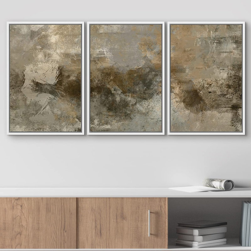 «Grunge brun et gris», 3 pièces, Cadre flottant blanc, H 36 po x l 72 po