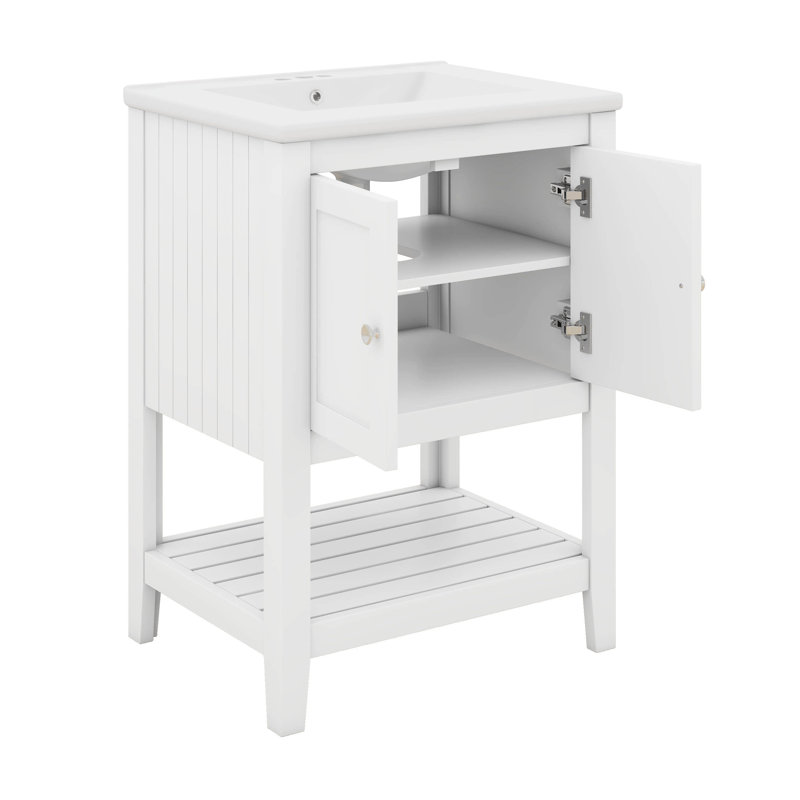 Meuble-lavabo 24 po avec lavabo, petit meuble-lavabo, meuble-lavabo simple avec 2 portes et 1 tablette ouverte, Blanc