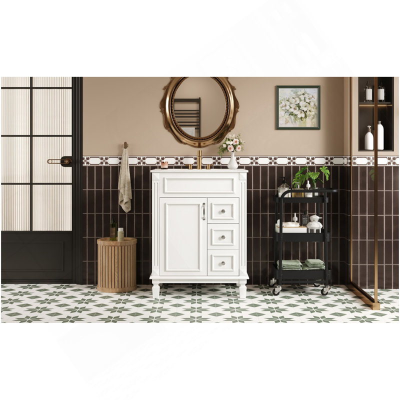 Meuble-lavabo 24 po avec lavabo en céramique, petite armoire de salle de bain, armoire moderne avec 2 tiroirs et tablette réglable