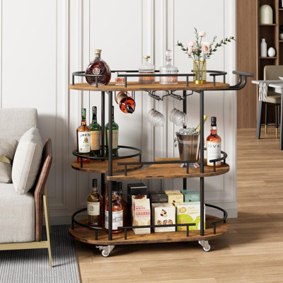 Chariot-bar à 3 niveaux avec support et porte en verre, chariot de service rotatif à 360 ° avec tablettes en panneau de fibres à densité moyenne