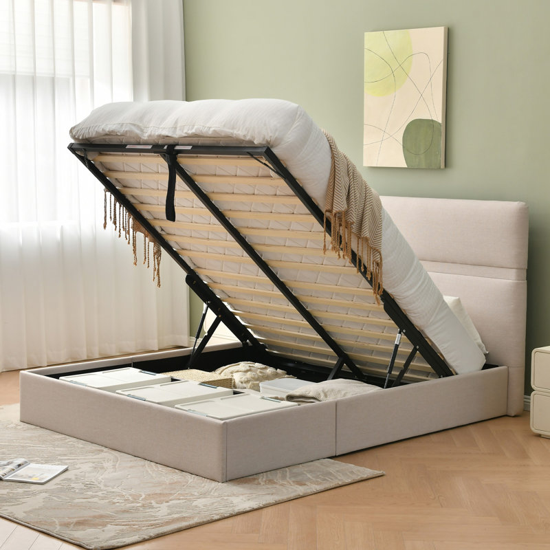 Lit plateforme tapissier avec rangement à levage hydraulique, tête de lit rembourrée, aucun sommier requis, Beige, Grand