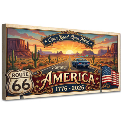 Route 66 America 250th Anniversary Canvas Wall Art, Vintage American Flag Pictures, Patriotic Large Canvas Prints for Living Room Office Home Decoration 16×32 Inch