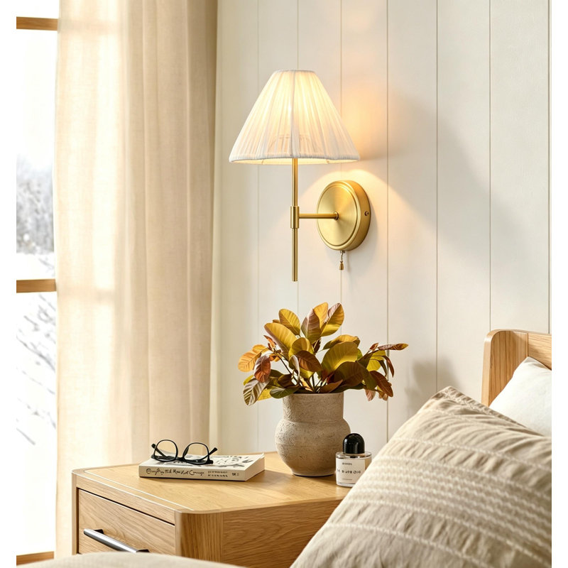 1 - Light Brushed Gold Wall Light with Linen Scalloped Shade