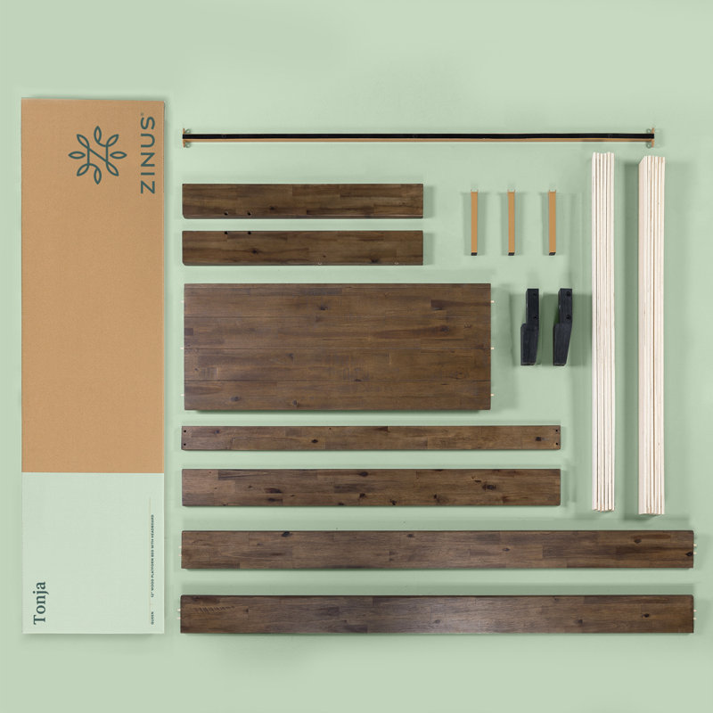 Base de lit plateforme en bois massif Kira, Grand lit, Bois naturel foncé