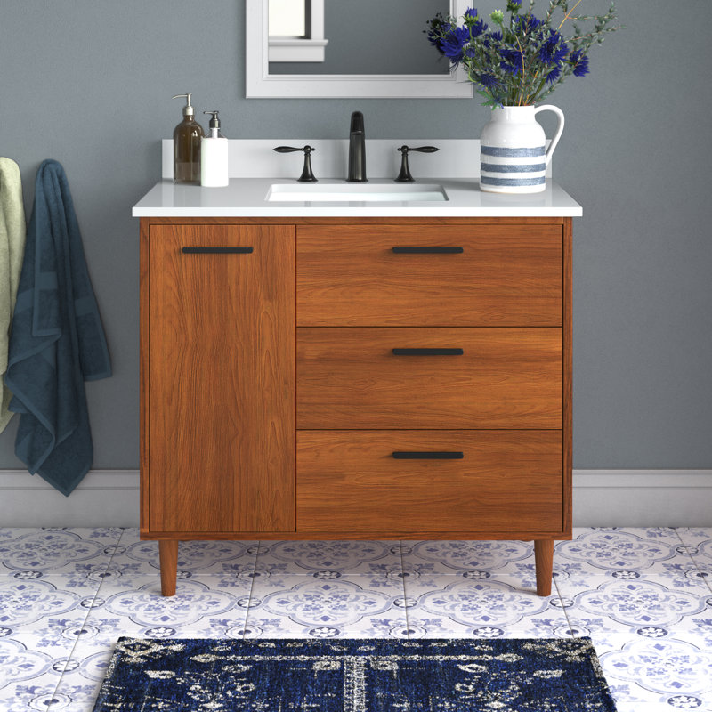 Baldwin 36'' Single Bathroom Vanity with Engineered Marble Top, Teak