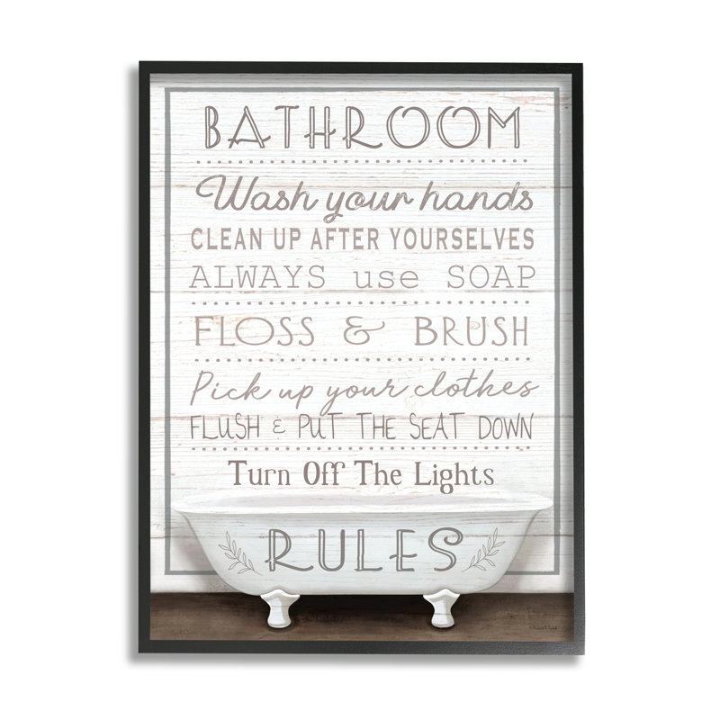 «Rustic Bathroom Rules Tub» par Elizabeth Tyndall, reproduction sur bois sans cadre, H 15 po x l 10 po x P 0,5 po