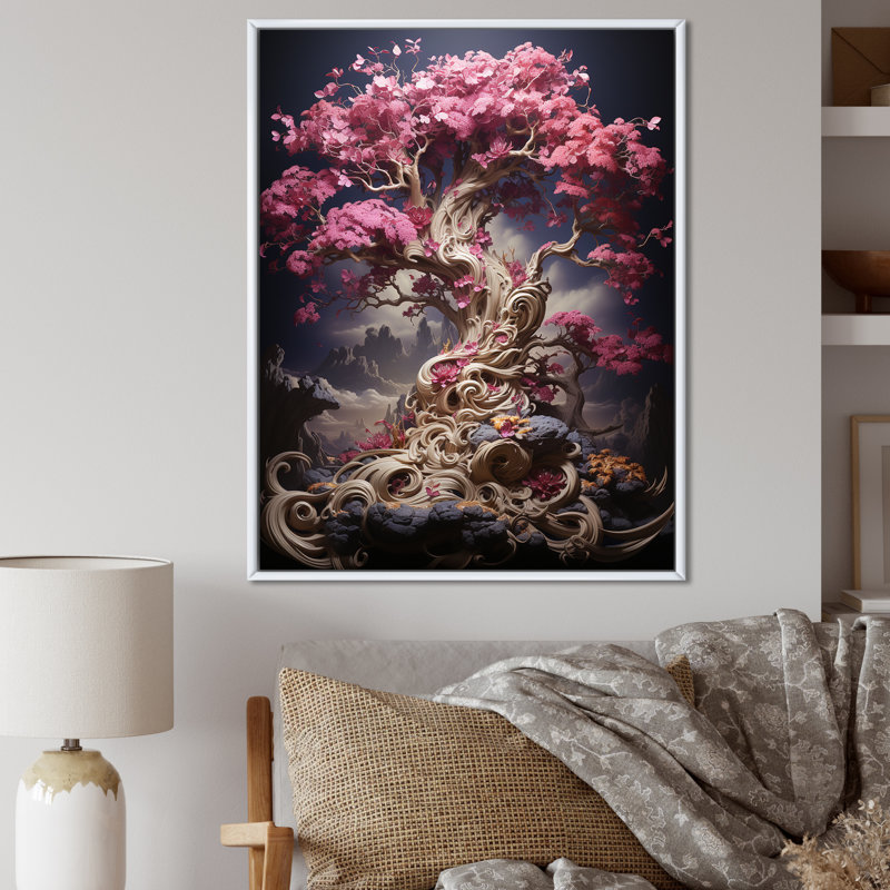 Orchidée rose jardin de branches II - art mural cerisier en fleurs, Cadre flottant blanc, H 44 po x l 34 po x P 1,5 po