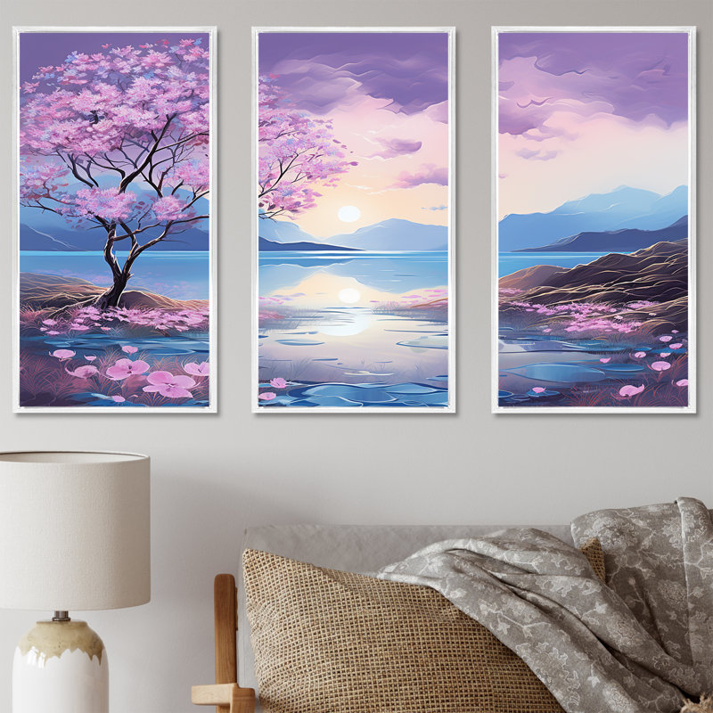 «Beautiful Pink Rhododendron Landscape I - Flower Field», ensemble d'art mural sur toile, Cadre flottant blanc