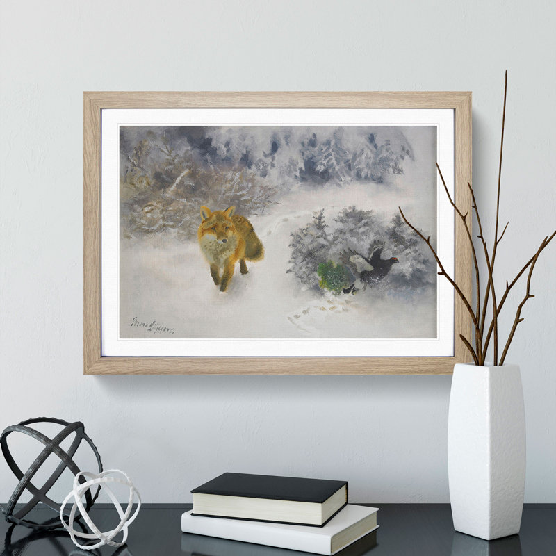 Fox and Black Grouse Cock by Bruno Liljefors - Picture Frame Painting, 27cm H x 36cm W x 2cm D, Oak Framed