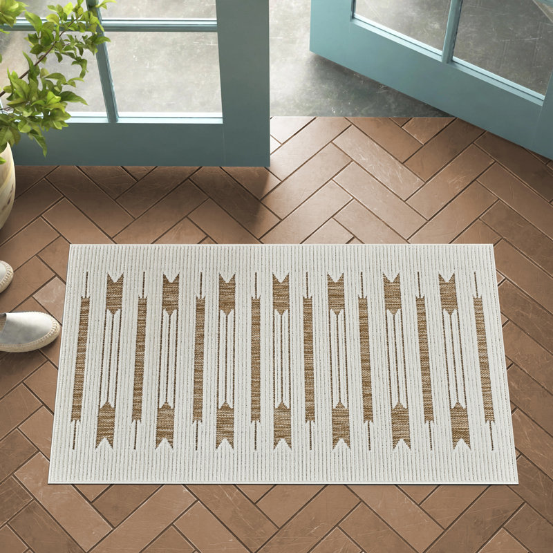 Tapis d'entrée beige / brun à motif géométrique de 3 pi x 5 pi (2 pi 7 po x 4 pi 11 po), avec tapis d'entrée contemporain, à poils courts et résistant aux taches