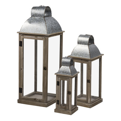 Set Of 3, Silver And Natural Wood Lanterns, L:11X11x32"   M:8.5X8.5X23"  S:6X6x17"