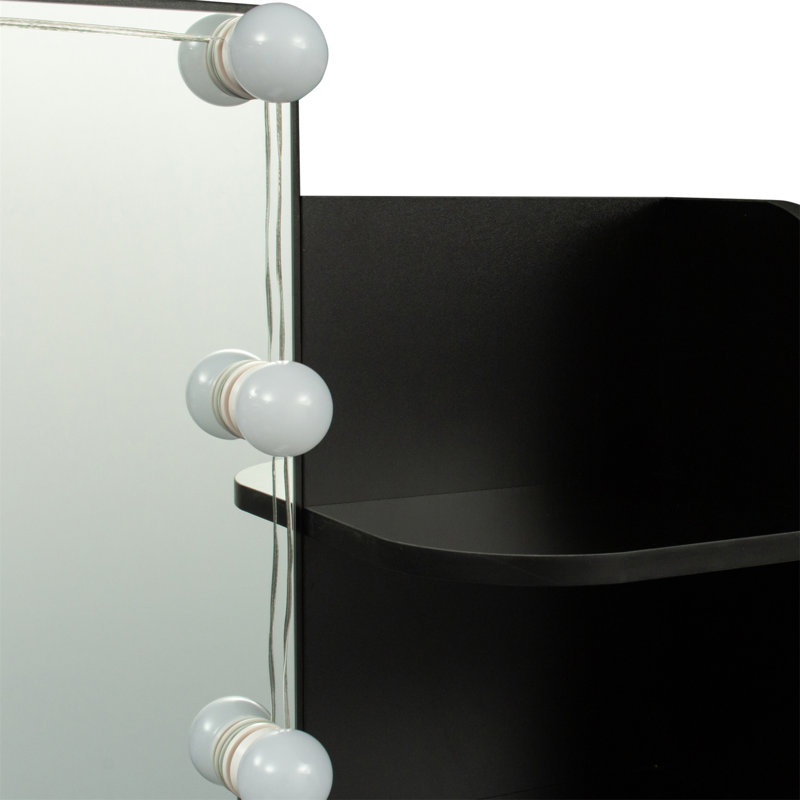 Modern Dressing table with 2 Drawers, 4 open shelves Rectangular Makeup Table with Mirror, Black
