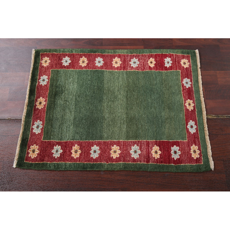 Tapis vert en laine noué à la main de conception unique 2 pi 0 po x 2 pi 10 po Lifthrasir