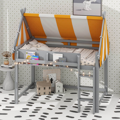 House Loft Bed With Canopy, LED Lights & Bookshelves, Wood Loft Bed With Tent & Storage Shelves