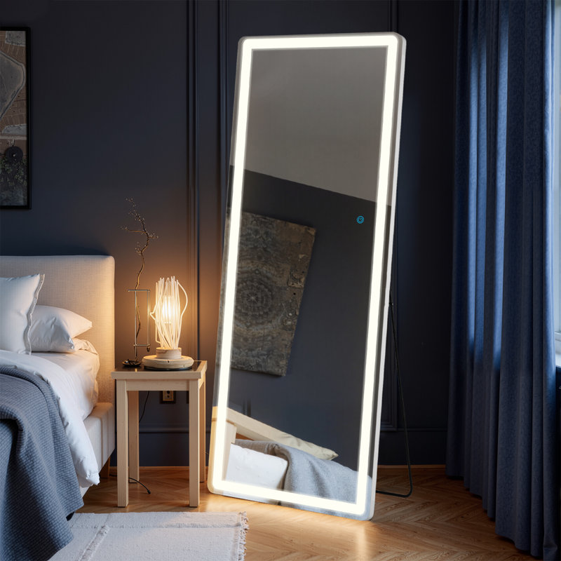 Mirror Full Length Standing Mirror With LED Lights, Lighted Floor Mirror With Stand And Dimming, 71" x 26"