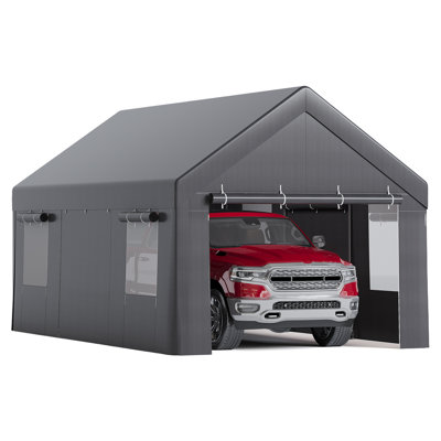 Abri d'auto robuste 10 x 20 pi, tente de garage portative avec cadre en acier galvanisé, portes à enroulement et fenêtres en filet, housse en PE imperméable et résistante aux rayons UV, gris