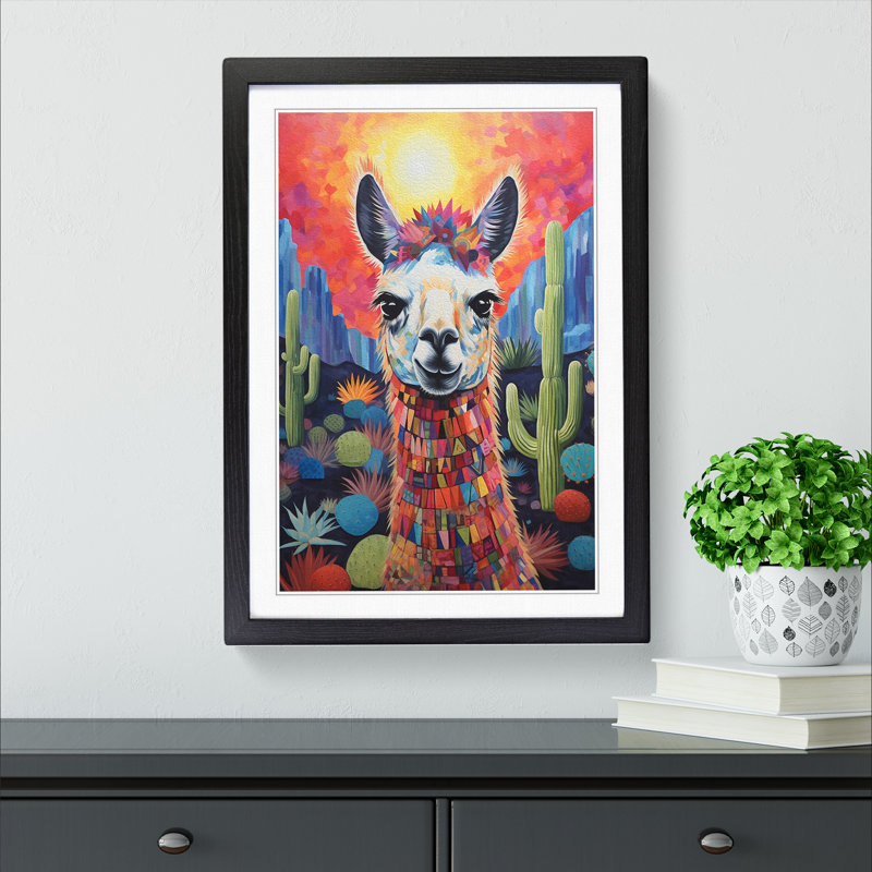 XYZ-FRM-V1223-4306 Llama Symbolism - Single Picture Frame Print on Wood, 64cm H x 46cm W x 2cm D, Black
