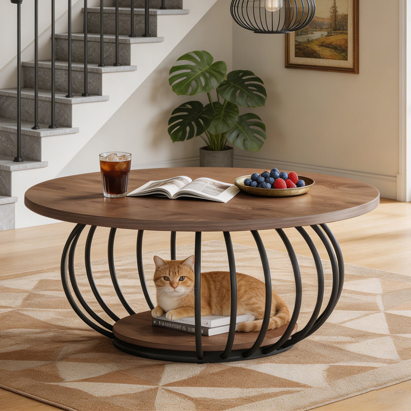 39.5" Round Coffee Table, 2-Tier Accent Centre Cocktail Table with Storage Shelf